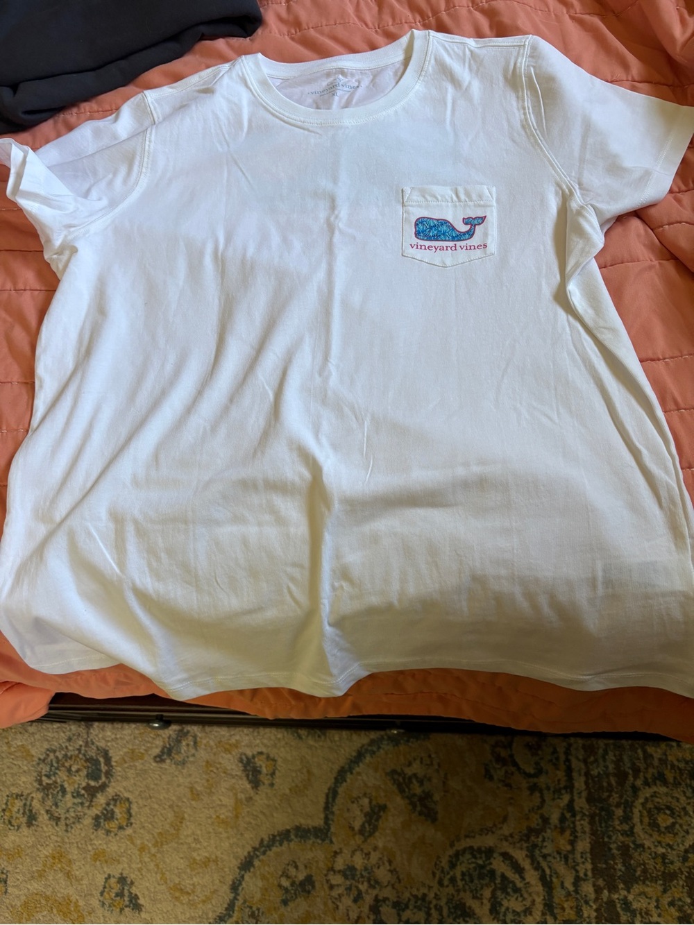Vineyard Vines White Tee with Blue Patterned Whale Pocket
